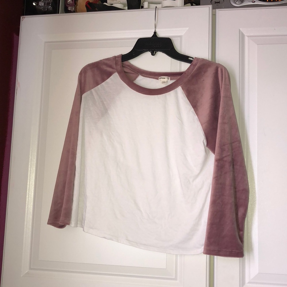 White shirt with deep pink sleeves